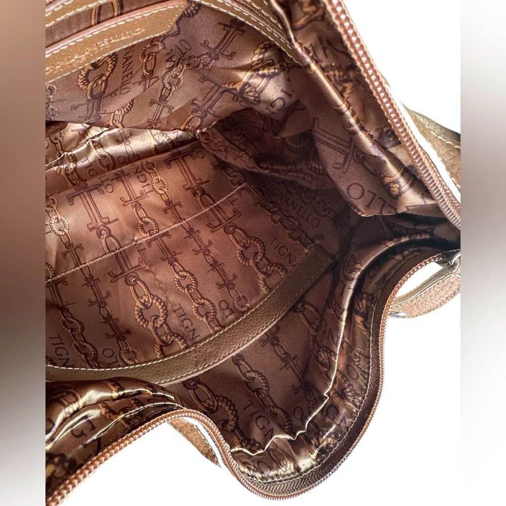 Tignanello Two-Tone Tan & Brown Leather Shoulder Bag White Ribbed Details New!